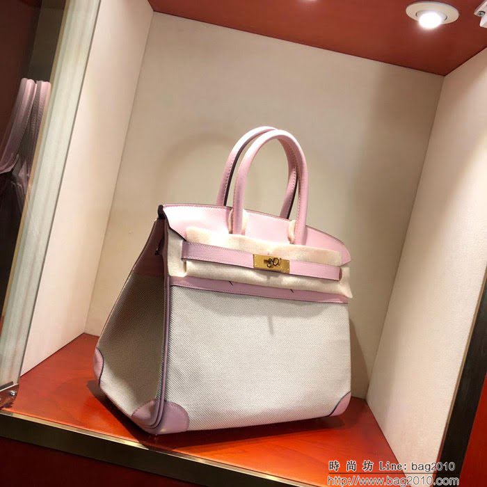 HERMES愛馬仕 鉑金包 Birkin30Cm Swift拼帆布 3Q Rose Sakura 芭比粉 銀扣 頂級工藝 手縫蠟線 無敵限量版 古董包  Ama1605